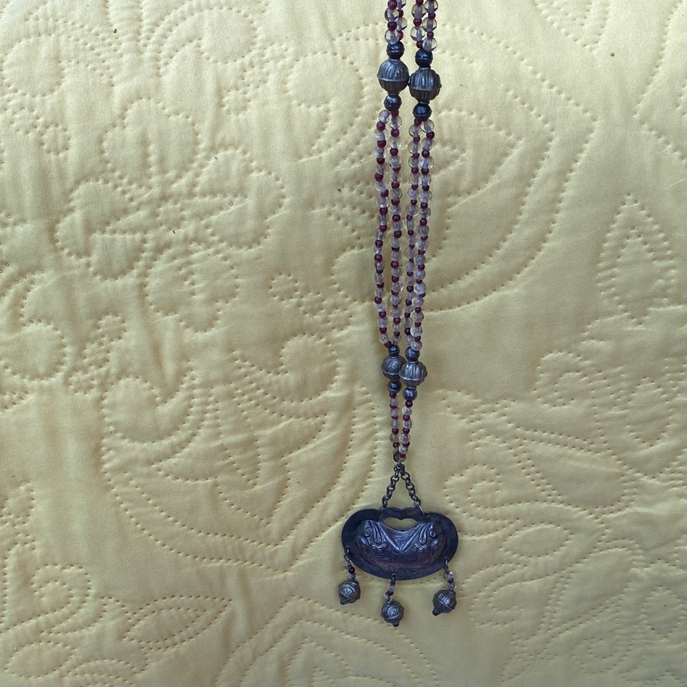 Antique Silver Pendant Necklace with Beaded Accents 30” - Picture 8 of 8